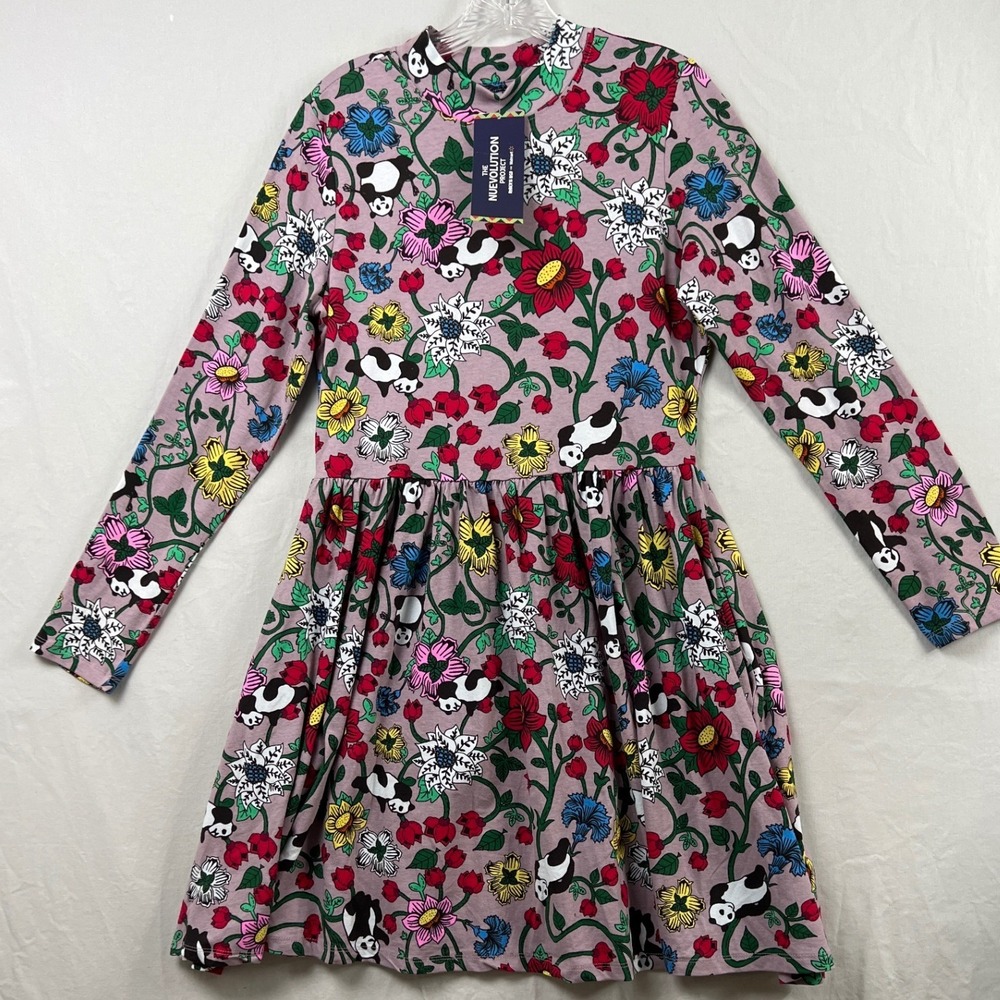Roberto Lugo for Walmart Panda Floral Dress Womens M Purple Long Sleeve Pockets